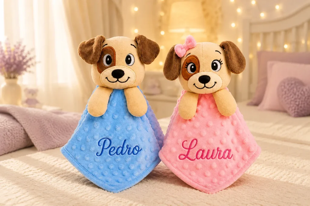 Naninhas bordadas personalizadas cachorrinho e cachorrinha com nome