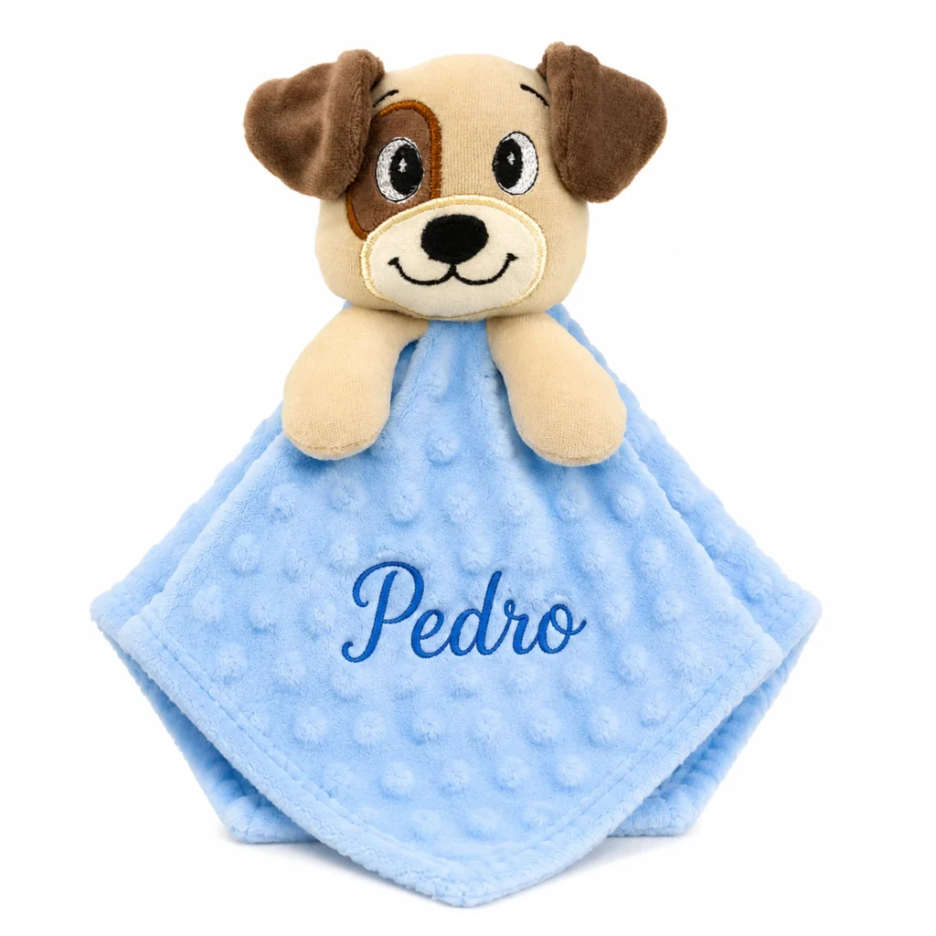 Naninha bordada personalizada cachorrinho azul com nome Pedro
