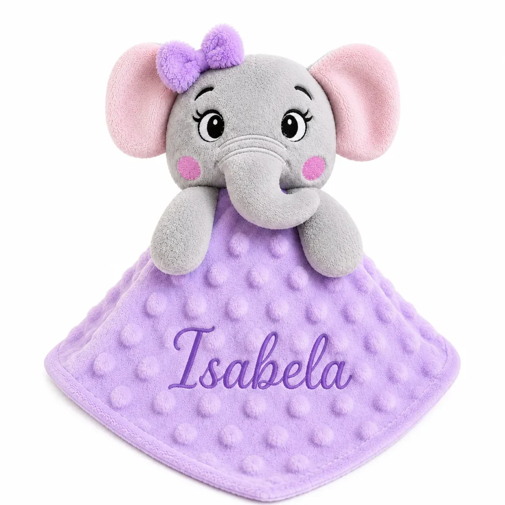 Naninha bordada personalizada elefantinha lilás com nome Isabela