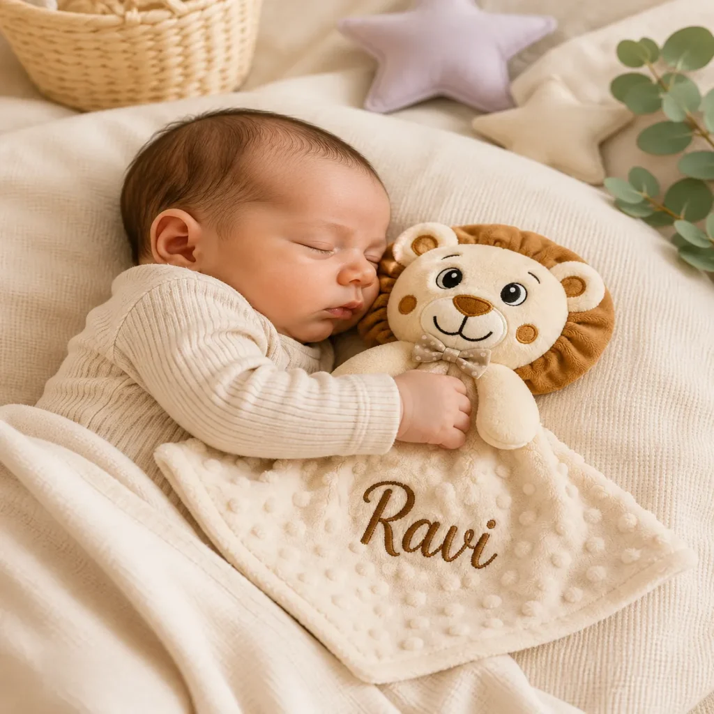 Bebê dormindo abraçado com naninha bordada personalizada leãozinho com nome Ravi