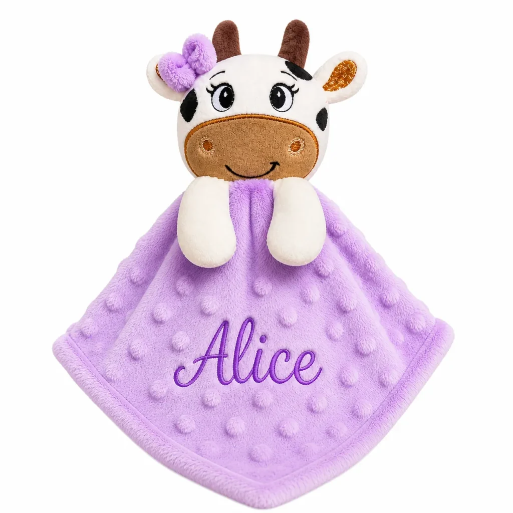 Naninha bordada personalizada vaquinha lilás com nome Alice